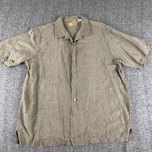 Caribbean Men's L Silk Linen Short Sleeve Button Shirt Taupe Embroidered Floral